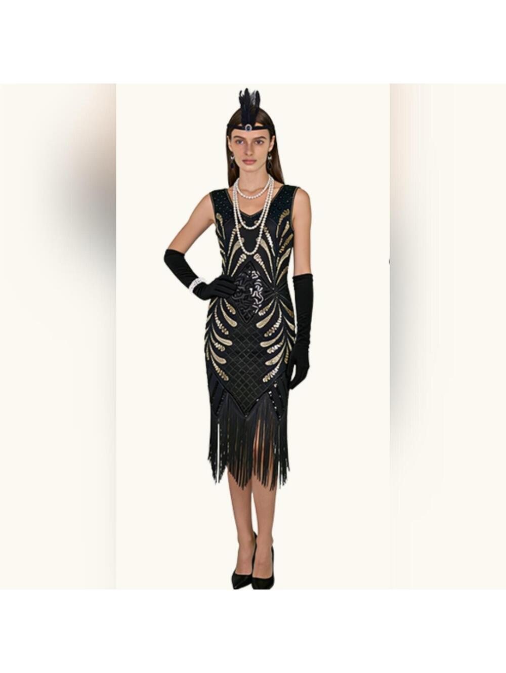 NWOT 1920s V Neck Sequin Beaded Fringed Dress and Headband, Large